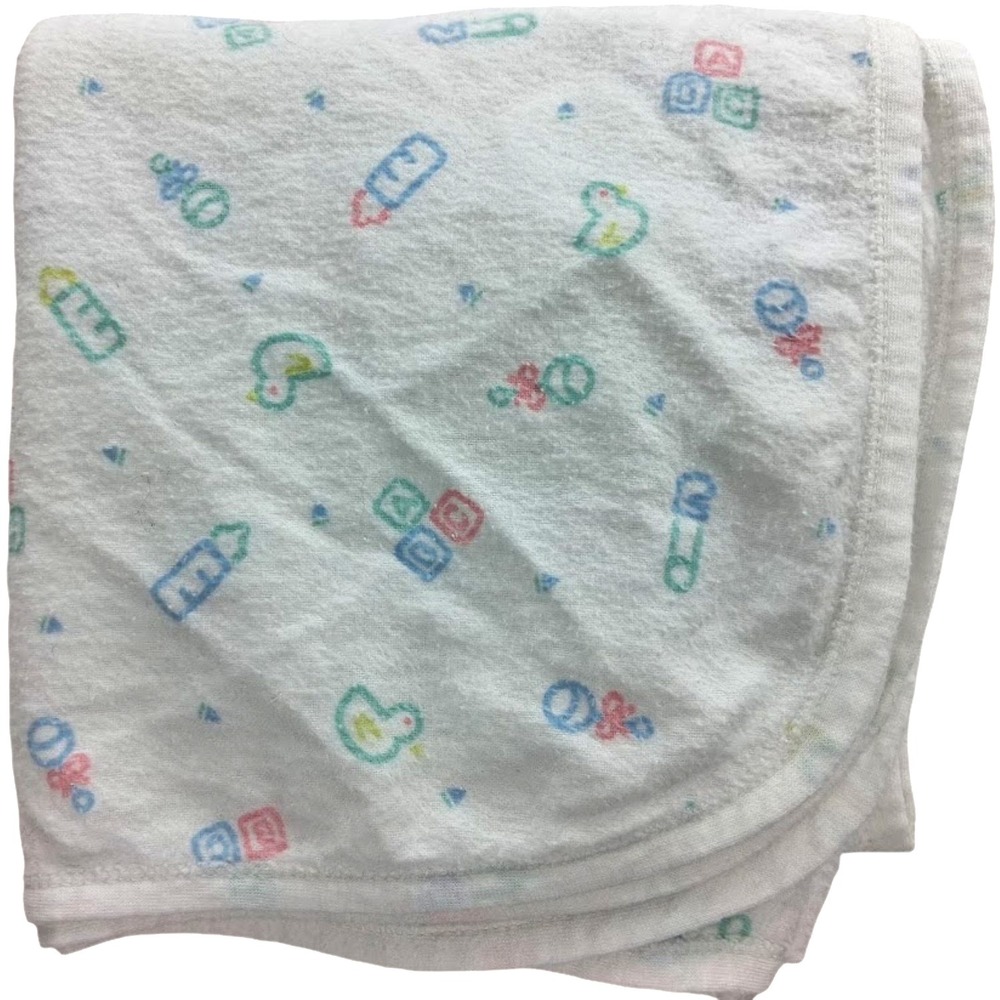 Vtg First Moments White Baby Blanket Unisex Rattle Bottle Duck Combed Cotton 32"